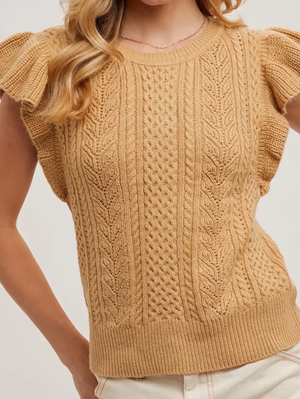 Bluivy Camel Knit Cable Short Sleeve Sweater Top